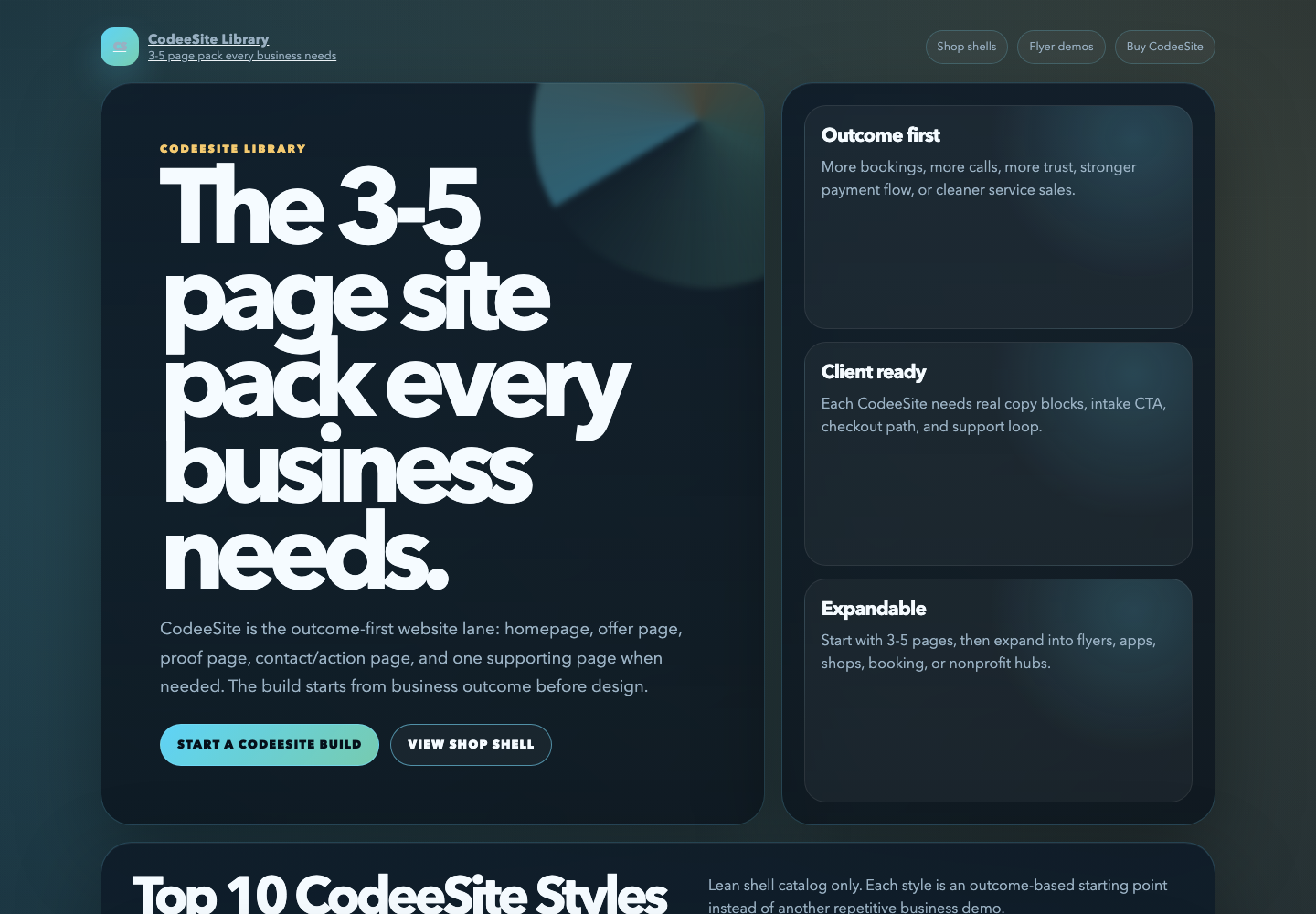 CodeeSite shell library front screen
