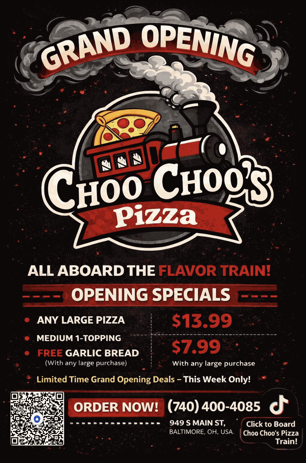 Choo Choo Pizza hosted flyer