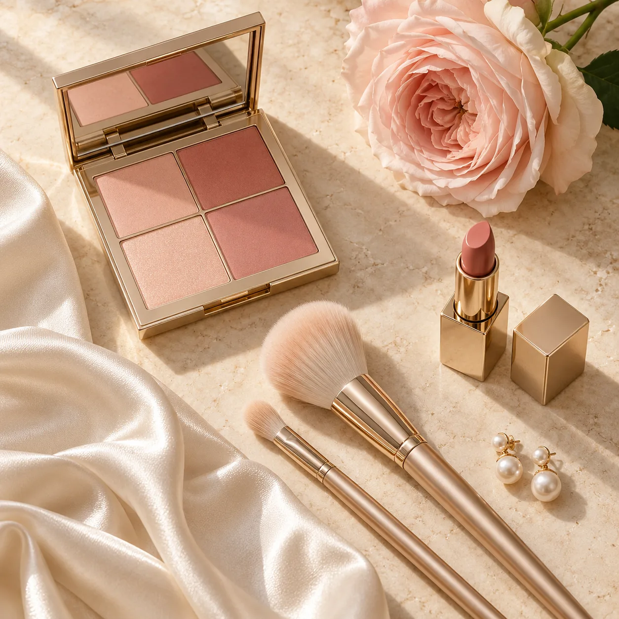 Blush makeup shades and delicate bridal details