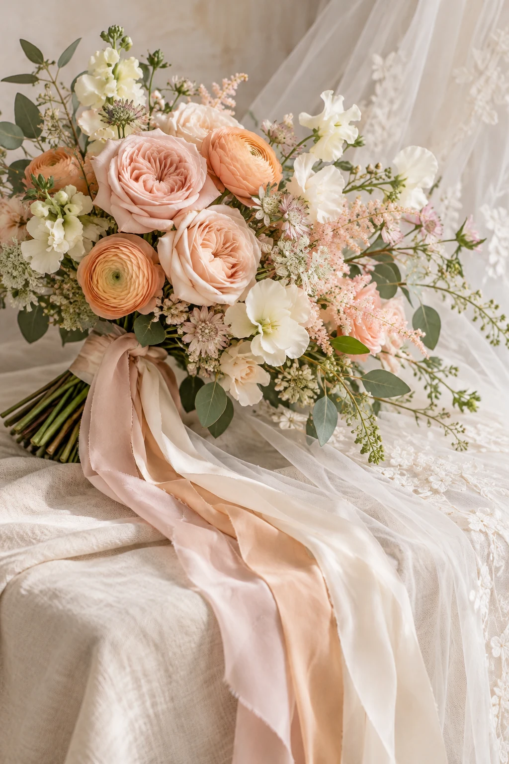Blush and peach bridal bouquet resting on an ivory veil