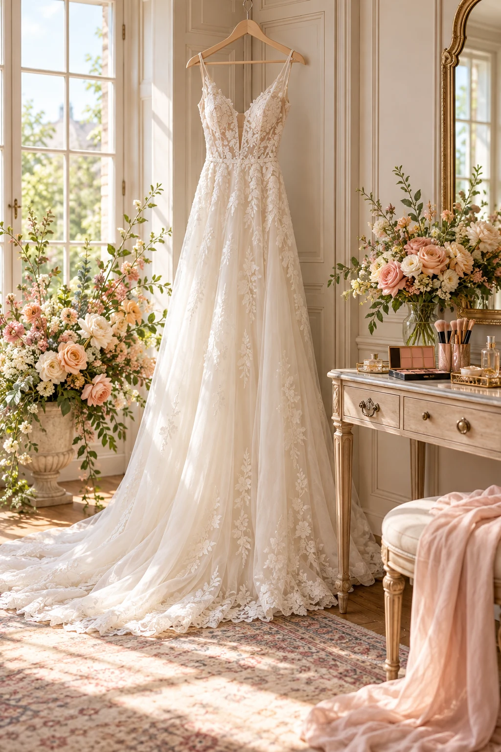 Ivory wedding dress, peach flowers and makeup in an empty sunlit bridal room