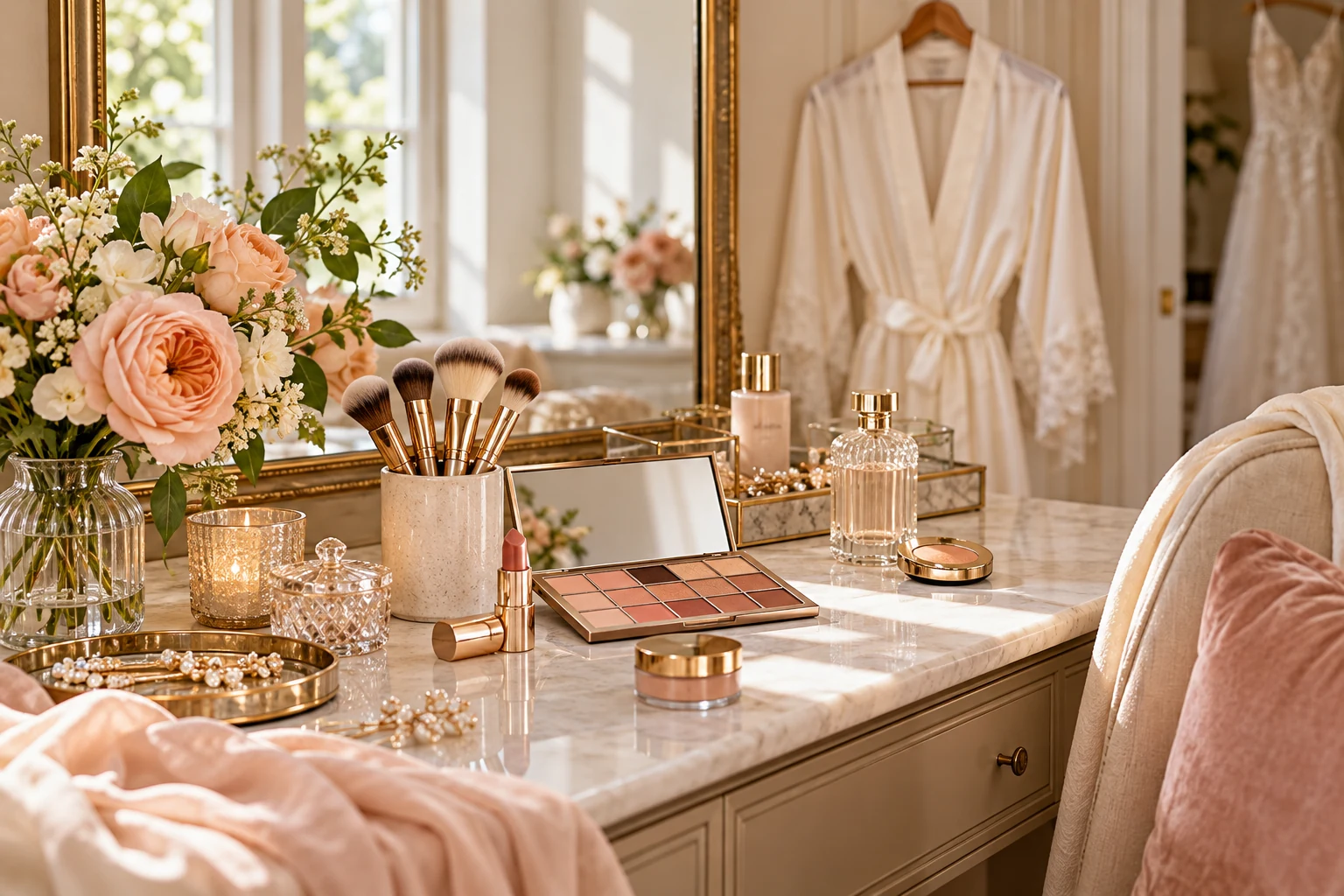 An empty bridal makeup vanity with brushes, blush shades, flowers and an ivory robe