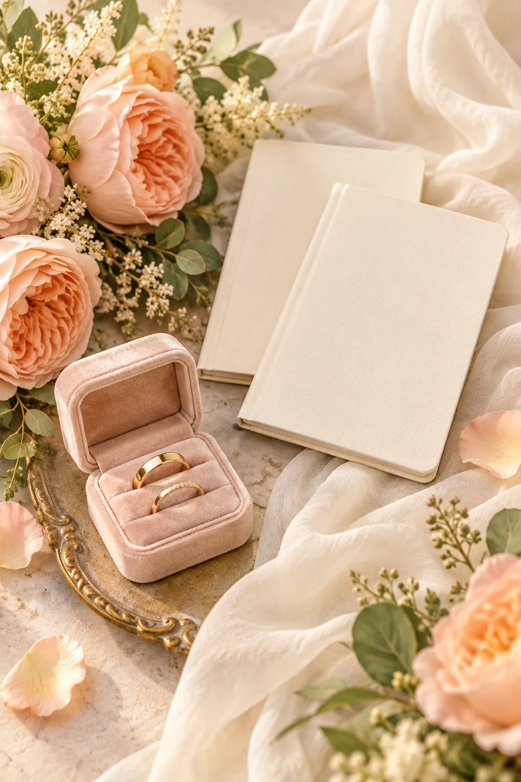 Wedding rings, vow books and peach flowers on an ivory table