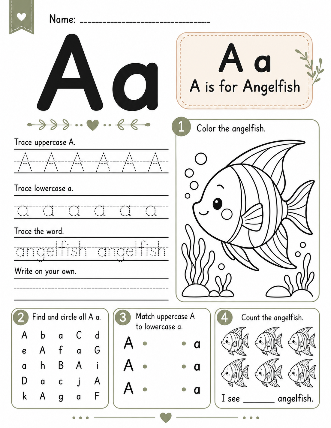 A is for Angelfish printable alphabet worksheet