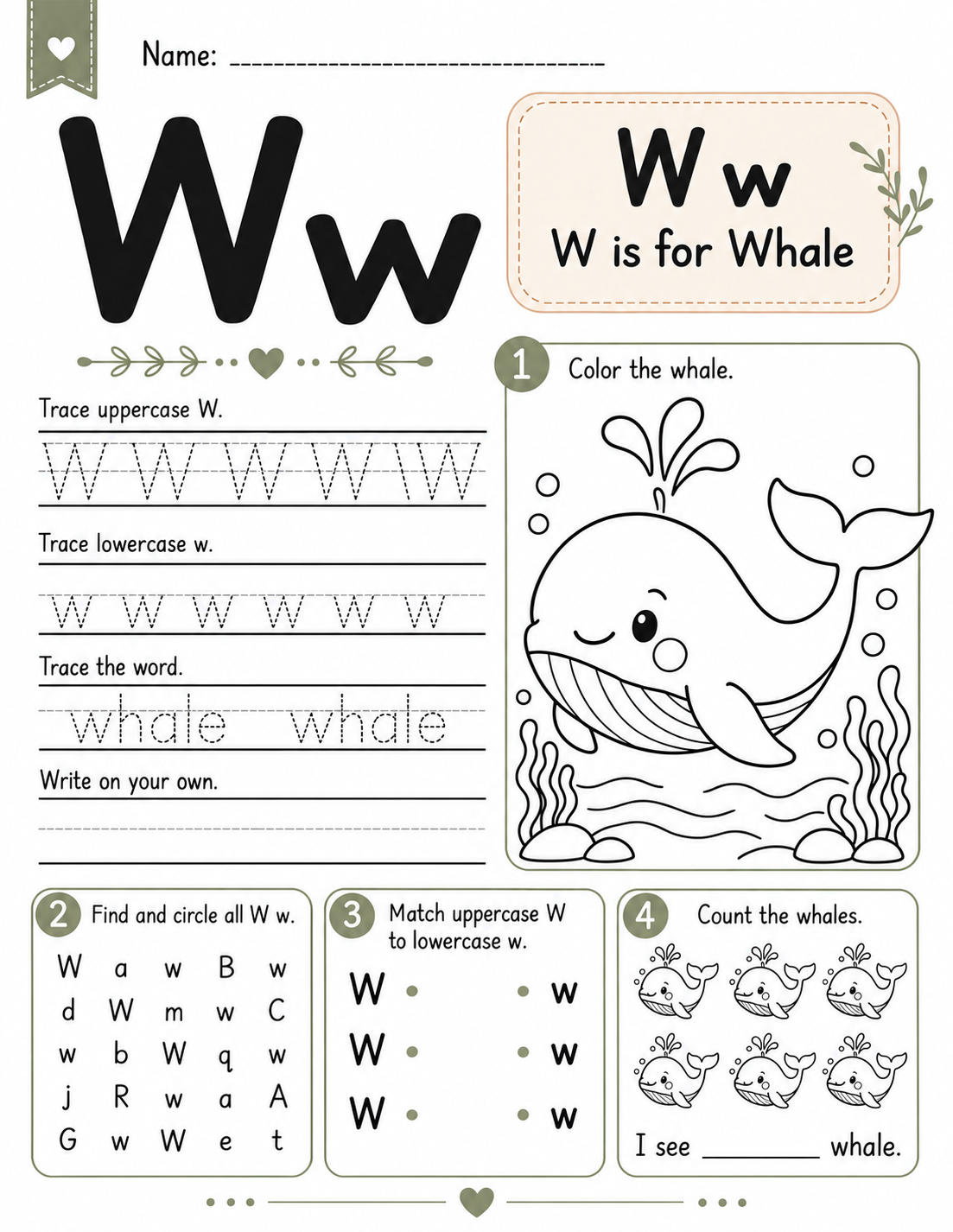 W is for Whale printable alphabet worksheet