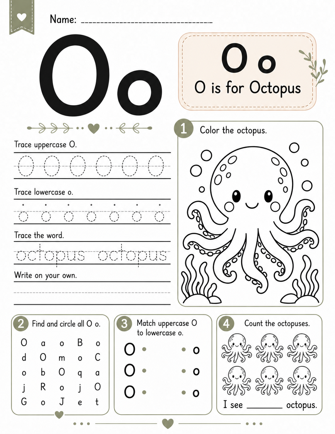 O is for Octopus printable alphabet worksheet