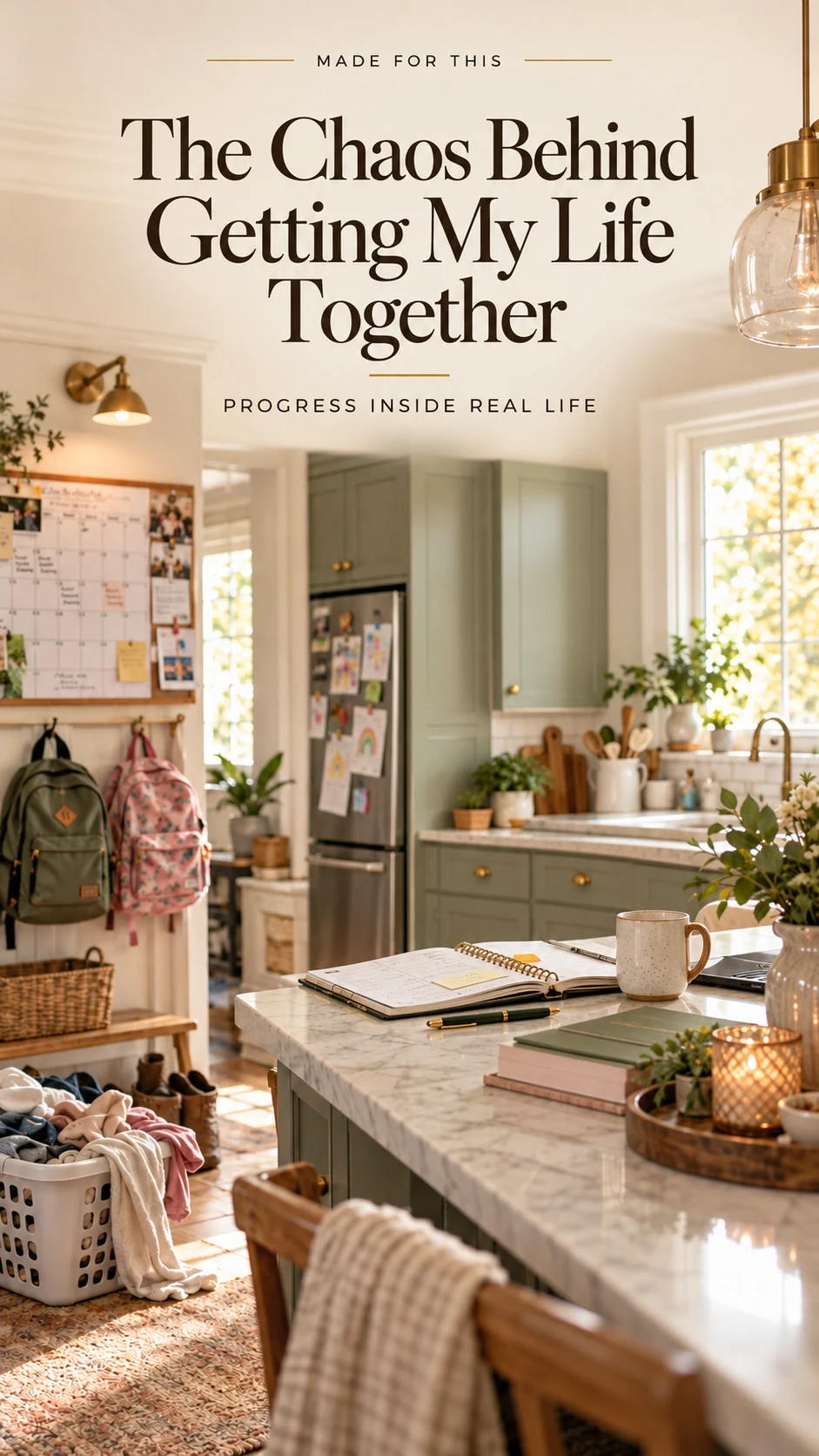 A realistic kitchen with calendar, school bags, laundry basket, and a small clear surface; no people.
