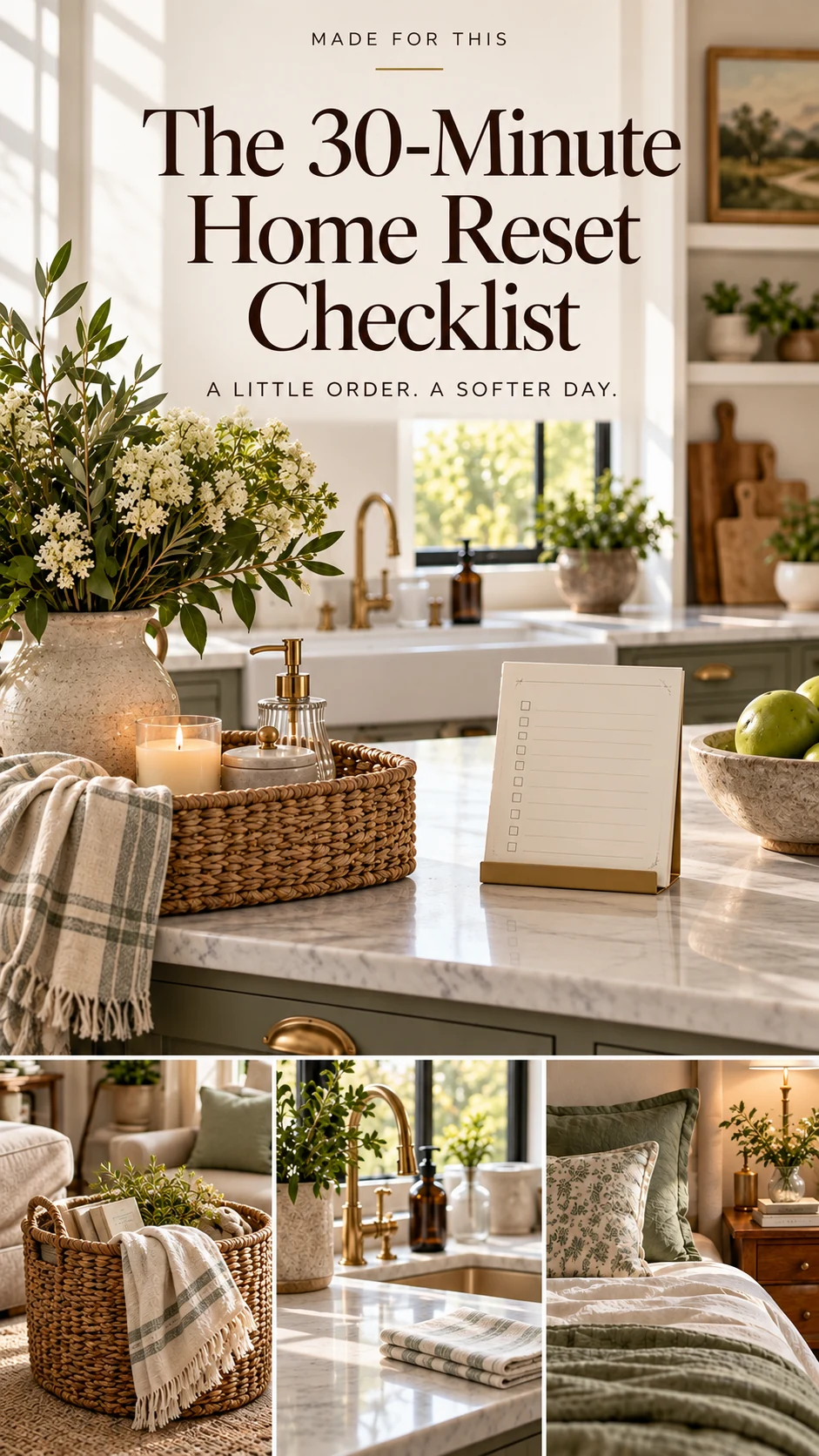 A lived-in boho home with woven basket, folded blanket, clear counter, and a simple checklist; no people.