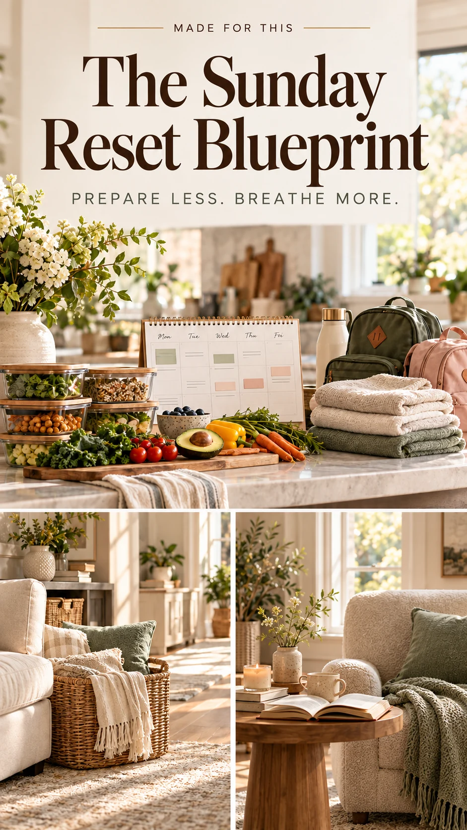 A boho home collage with weekly calendar, meal preparation, towels, and bags; no people.