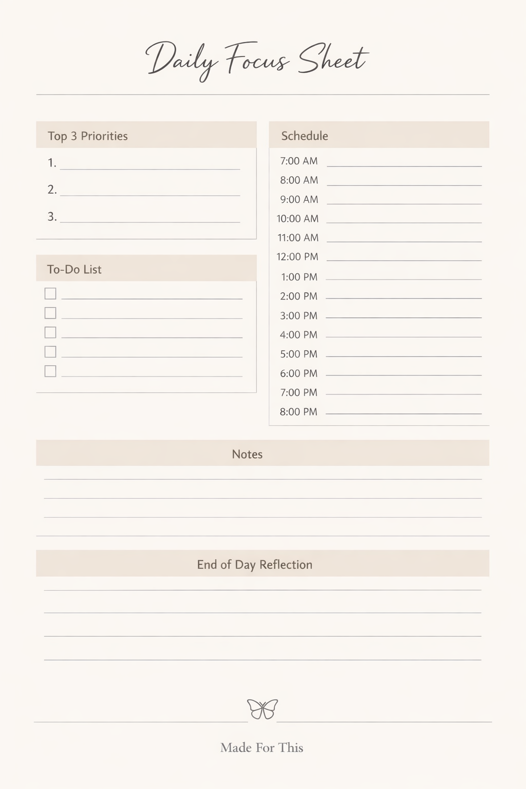 Daily Focus Sheet printable preview
