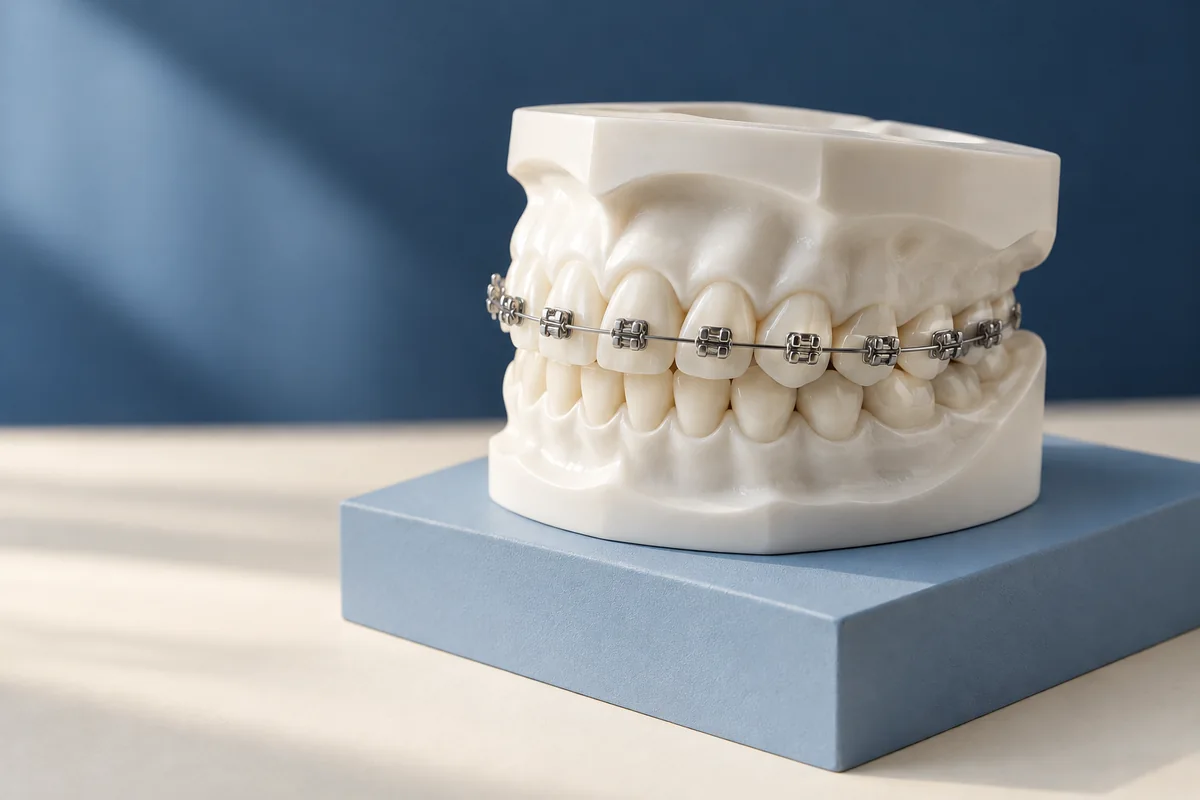 Illustrative dental model showing metal braces