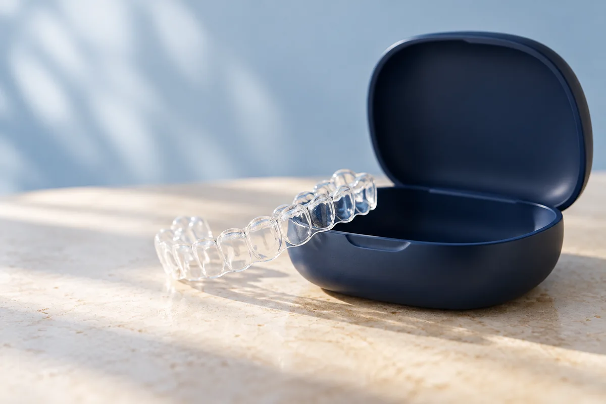Illustration of a clear orthodontic aligner beside its case