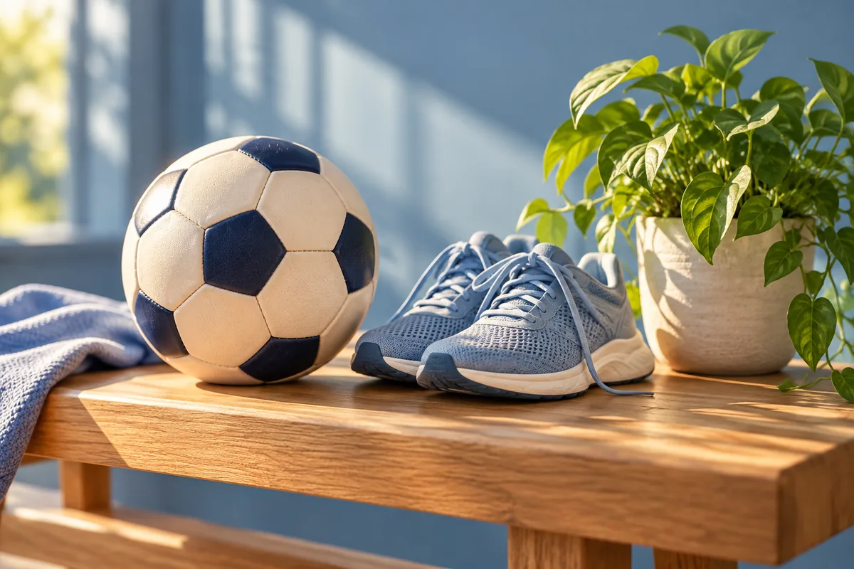 Soccer ball and running shoes representing community activities.