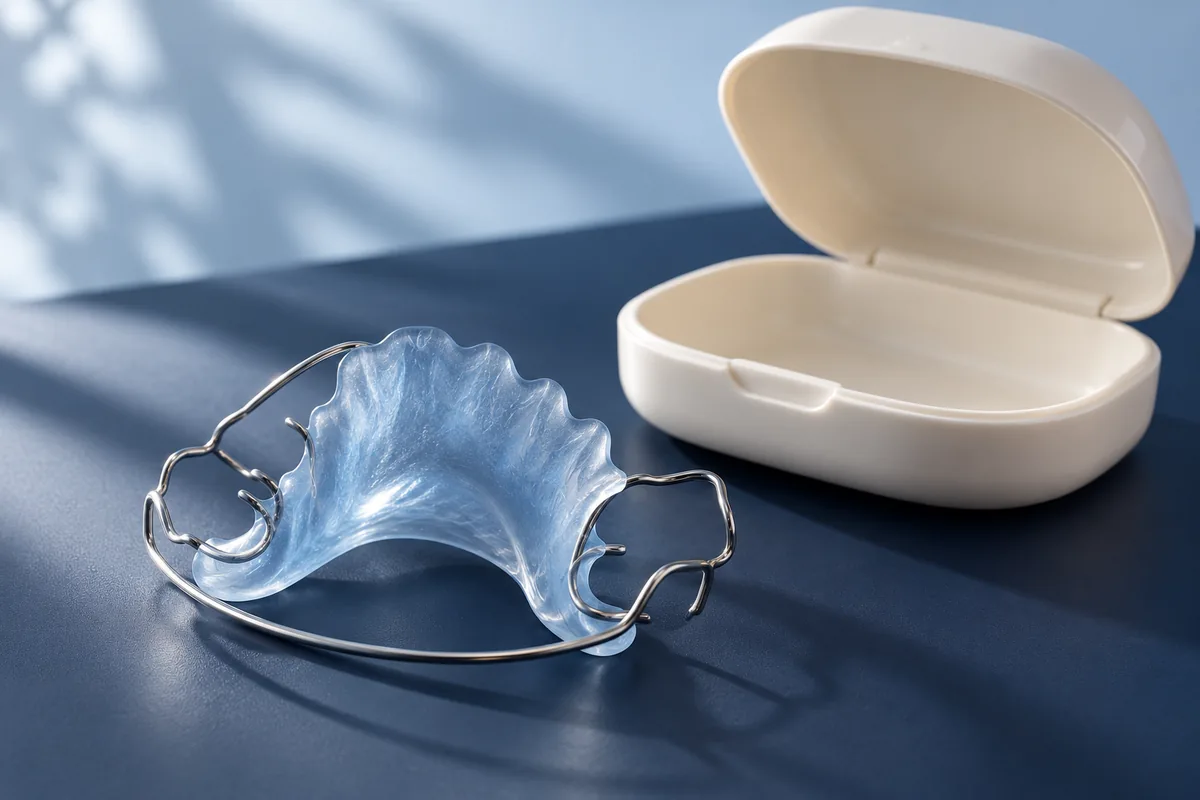 Illustrative removable retainer beside a protective case